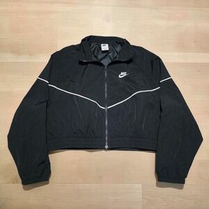 Nike Women's Size Large Black Windbreaker Jacket Full Zip White Trim Cropped